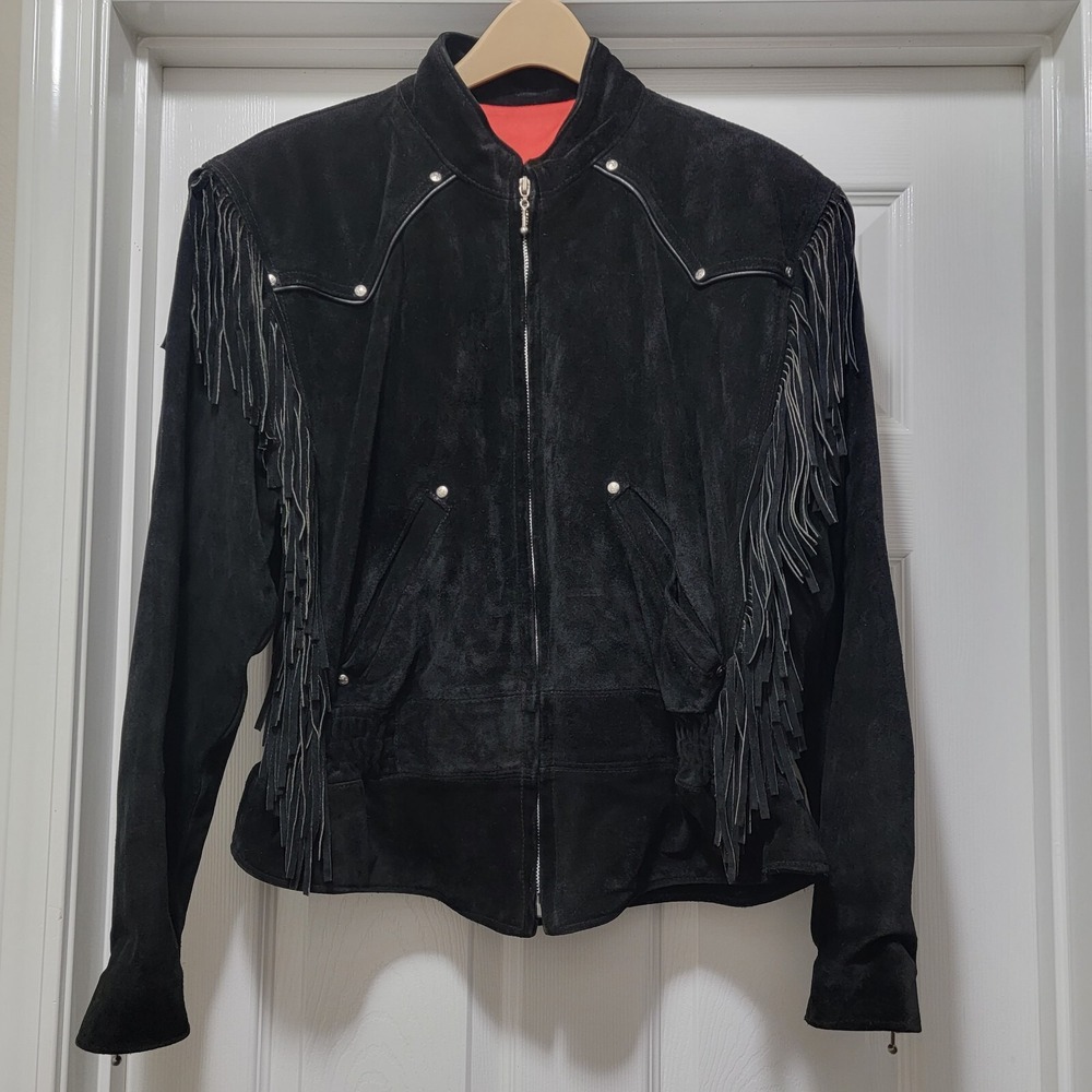 Vintage Harley Davidson Black Fringe Suede Leather Motorcycle Jacket Women's L‎